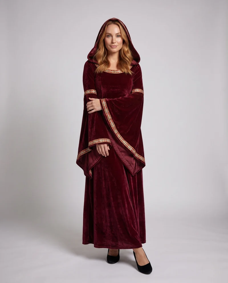 Damen elegantes Kapuzenkleid mit langen, schwingenden Ärmeln und kreativen Akzenten Drune