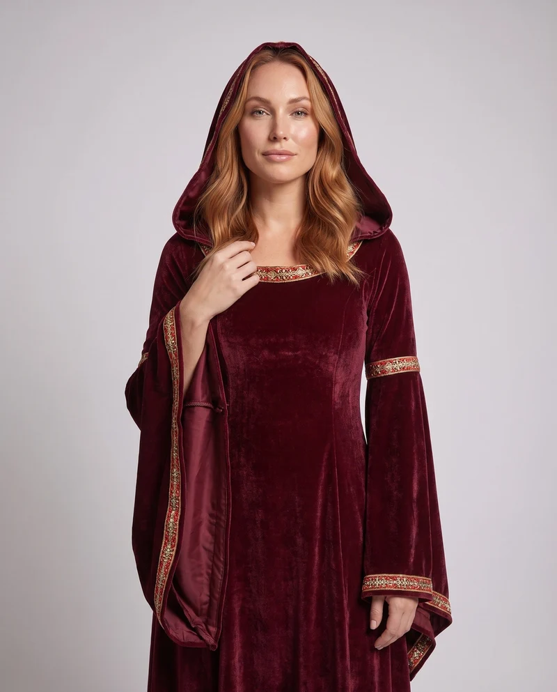 Damen elegantes Kapuzenkleid mit langen, schwingenden Ärmeln und kreativen Akzenten Drune