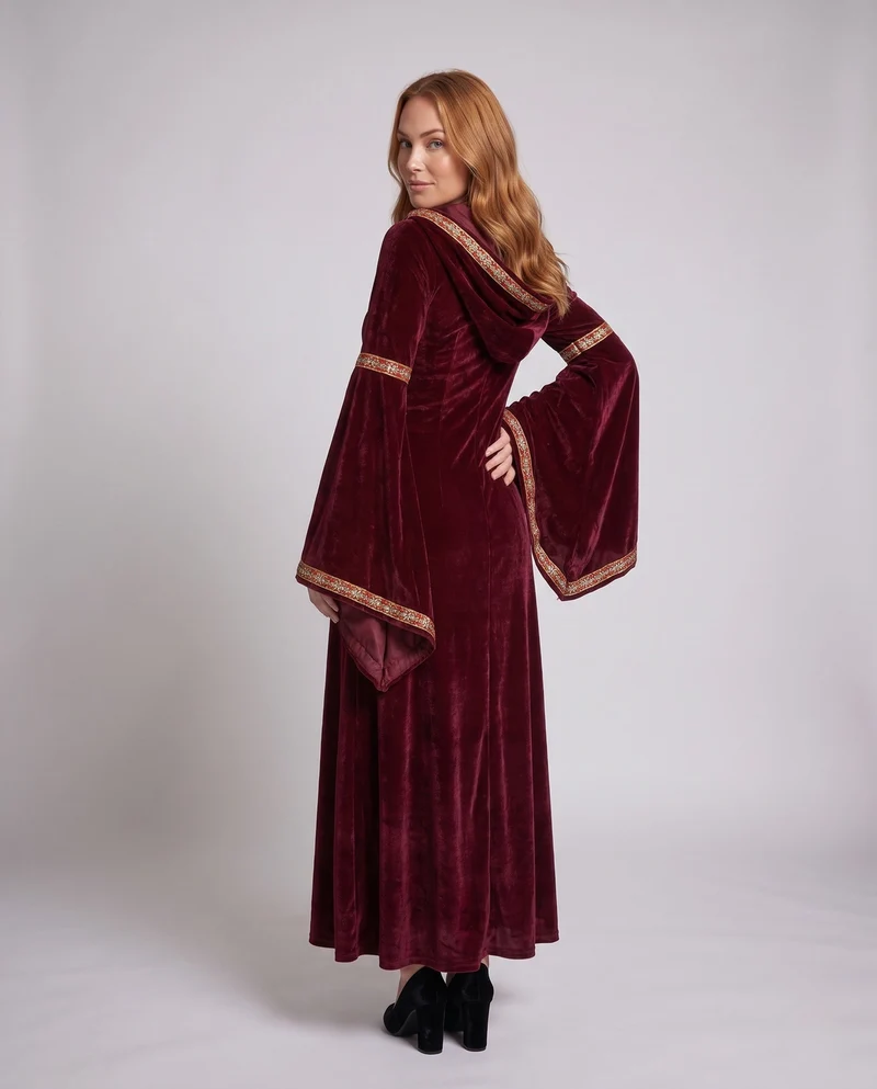 Damen elegantes Kapuzenkleid mit langen, schwingenden Ärmeln und kreativen Akzenten Drune