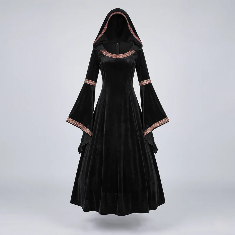Damen elegantes Kapuzenkleid mit langen, schwingenden Ärmeln und kreativen Akzenten Drune