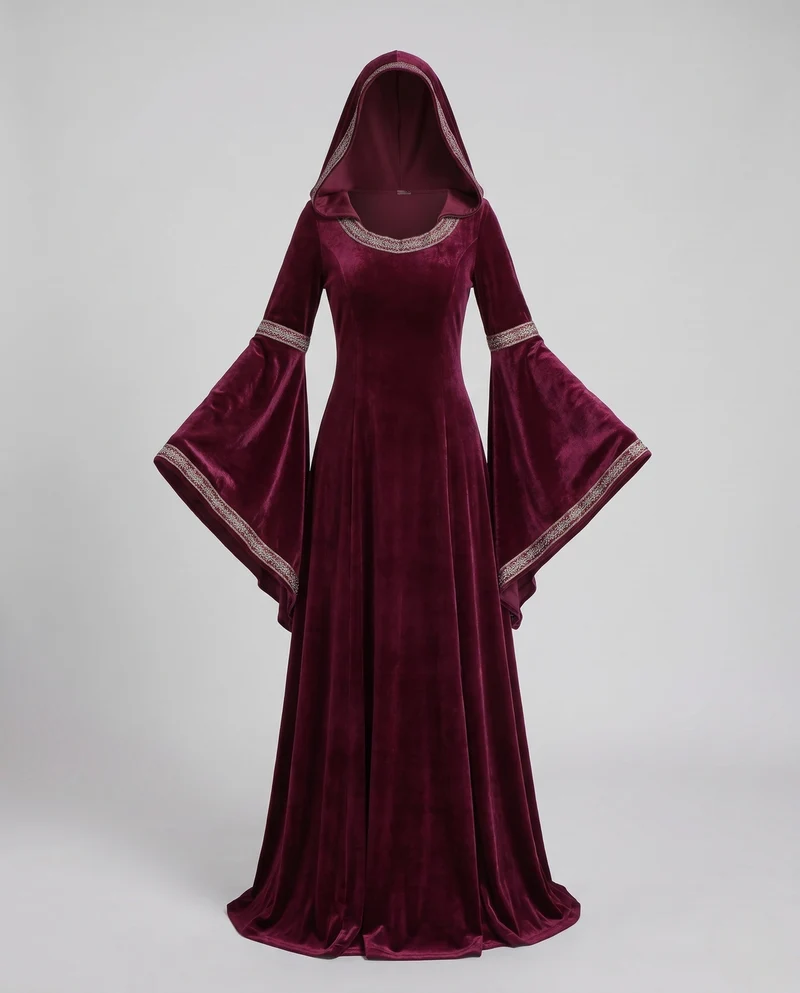 Damen elegantes Kapuzenkleid mit langen, schwingenden Ärmeln und kreativen Akzenten Drune