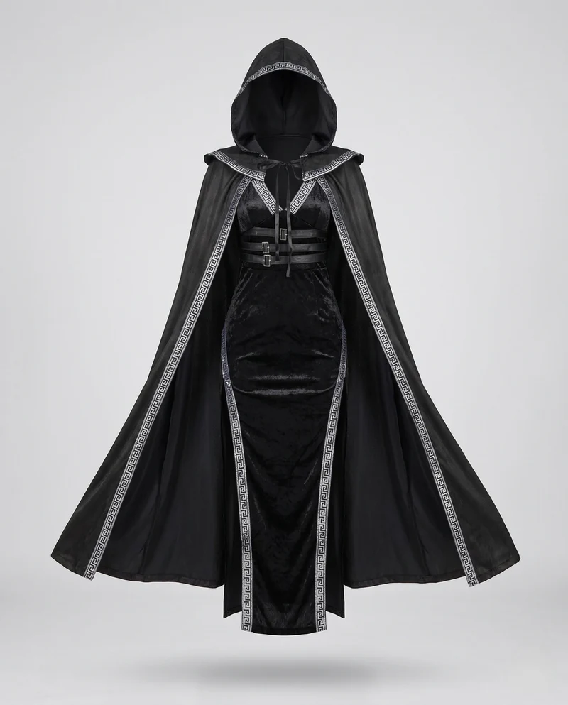 Damen elegantes Kostümkleid mit Kapuze und Schößchen Drune