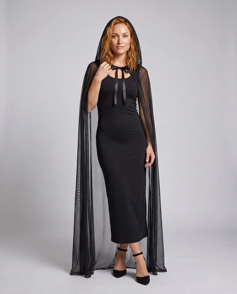 Damen elegantes Langarmkostüm mit schimmerndem Überrock und Kapuze Drune