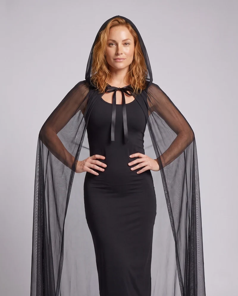 Damen elegantes Langarmkostüm mit schimmerndem Überrock und Kapuze Drune