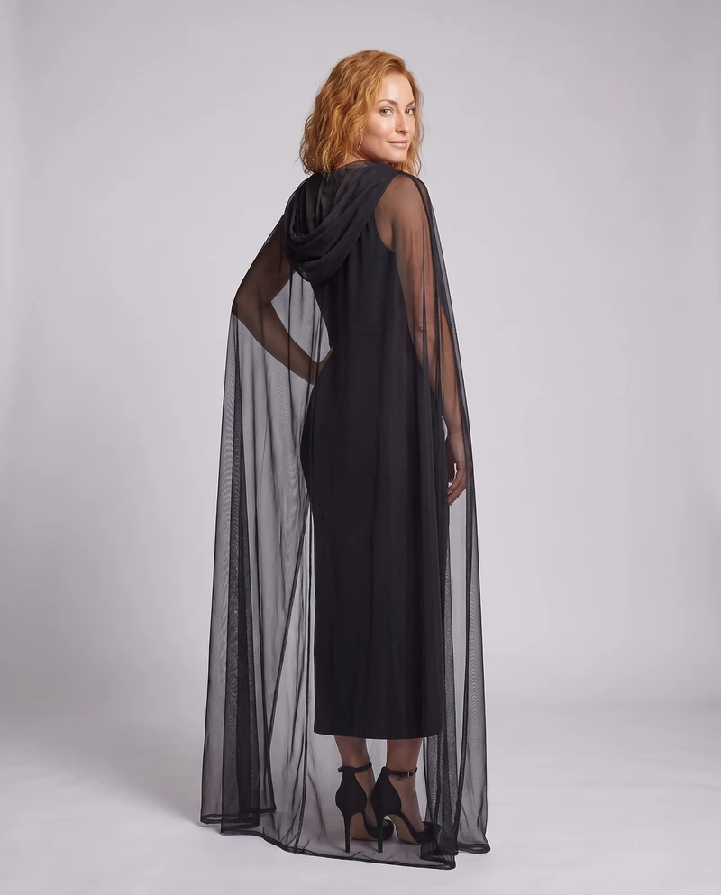 Damen elegantes Langarmkostüm mit schimmerndem Überrock und Kapuze Drune