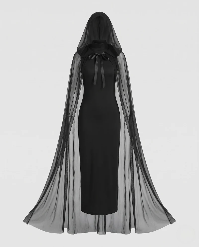 Damen elegantes Langarmkostüm mit schimmerndem Überrock und Kapuze Drune