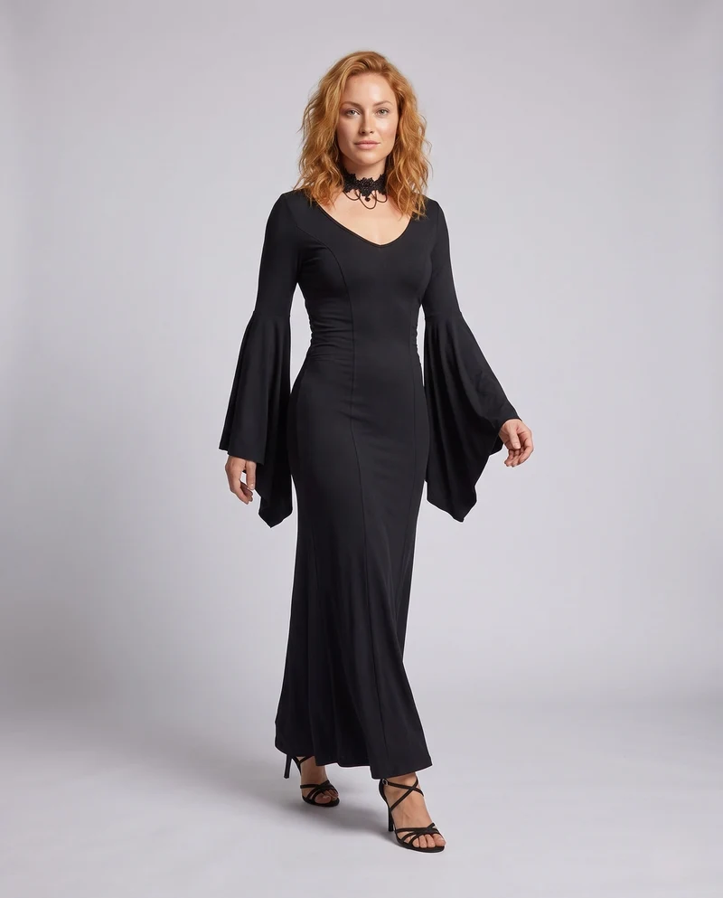 Damen Elegantes Maxikleid mit dramatischen Glockenärmeln und V-Ausschnitt Drune