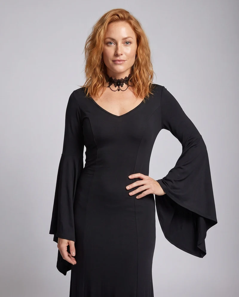 Damen Elegantes Maxikleid mit dramatischen Glockenärmeln und V-Ausschnitt Drune