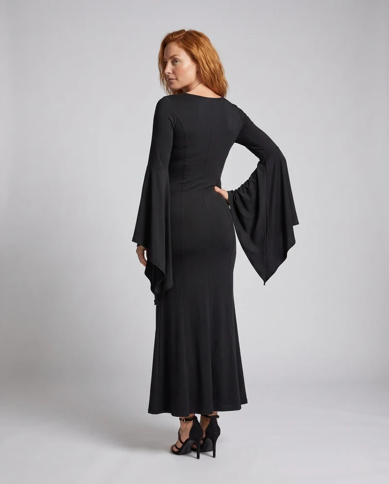 Damen Elegantes Maxikleid mit dramatischen Glockenärmeln und V-Ausschnitt Drune