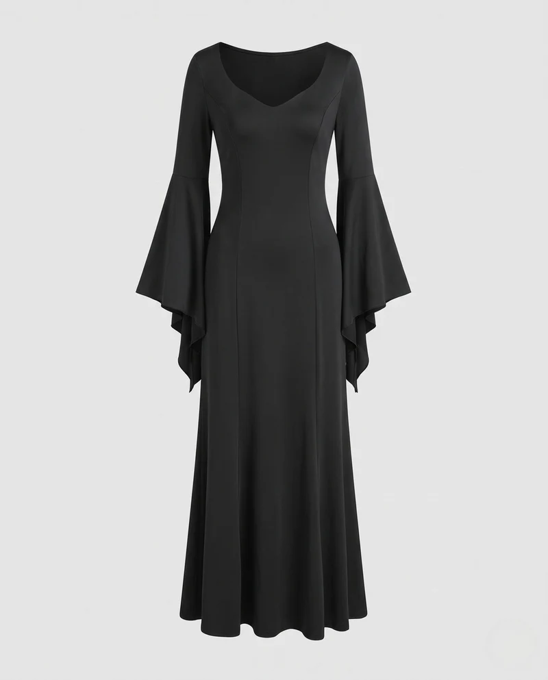 Damen Elegantes Maxikleid mit dramatischen Glockenärmeln und V-Ausschnitt Drune