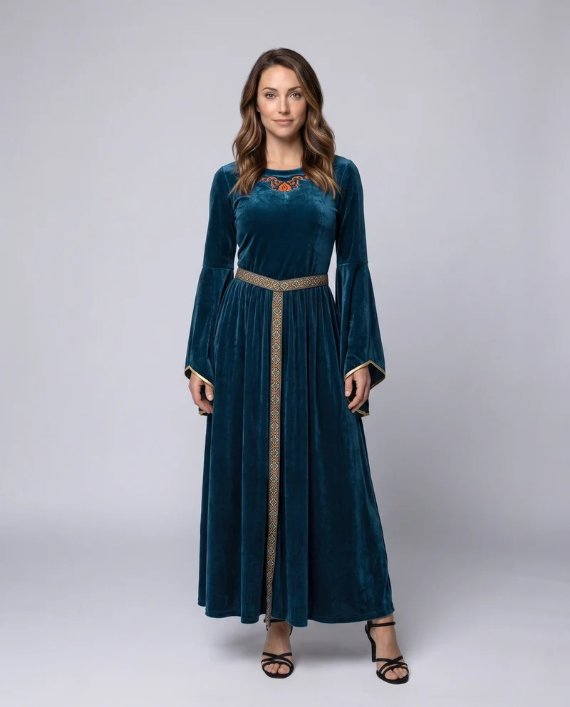 Damen Elegantes Maxikleid mit weit ausgestellten Ärmeln und dekorativem Taillengürtel Drune