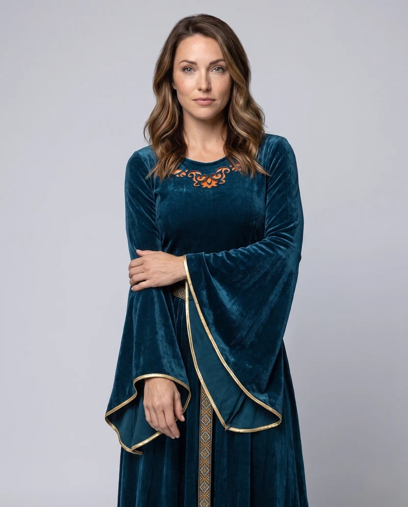Damen Elegantes Maxikleid mit weit ausgestellten Ärmeln und dekorativem Taillengürtel Drune