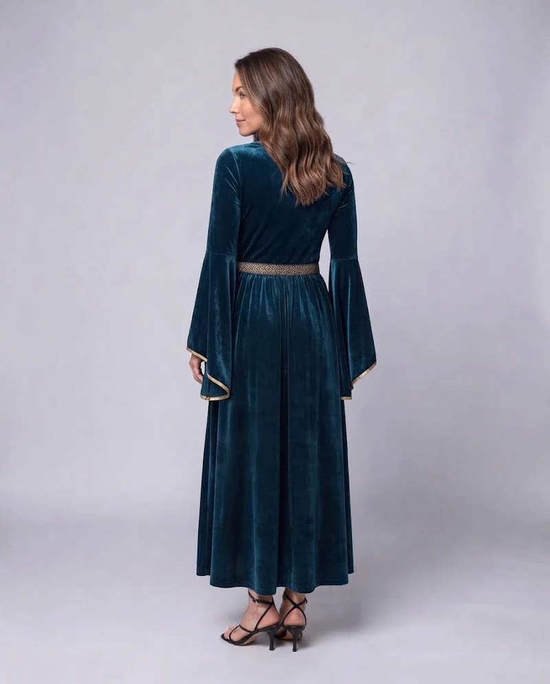 Damen Elegantes Maxikleid mit weit ausgestellten Ärmeln und dekorativem Taillengürtel Drune