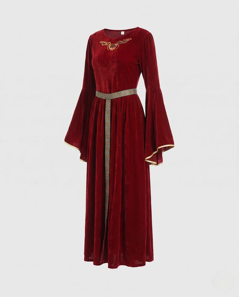 Damen Elegantes Maxikleid mit weit ausgestellten Ärmeln und dekorativem Taillengürtel Drune