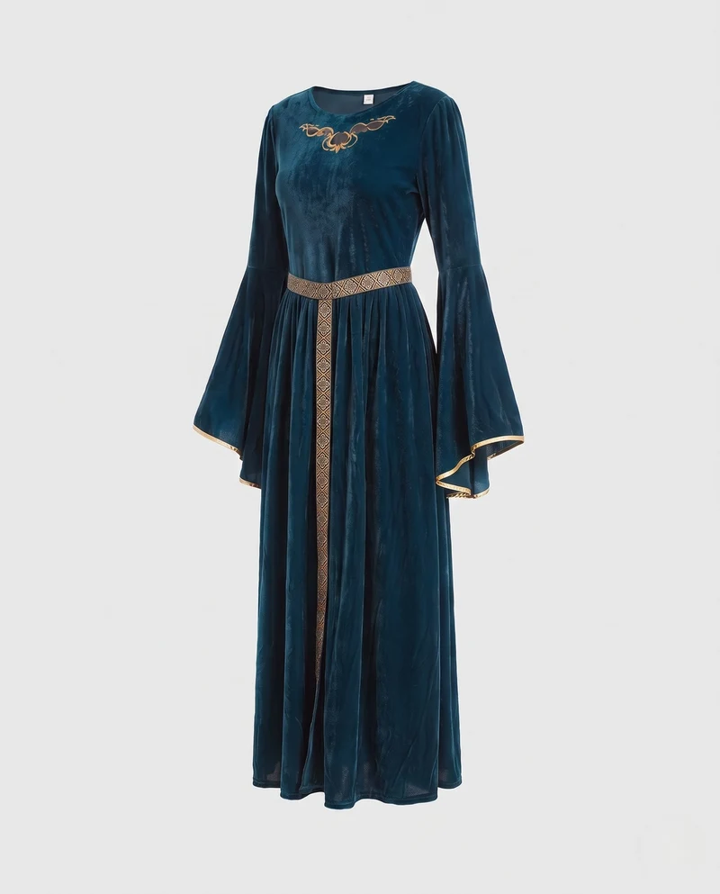 Damen Elegantes Maxikleid mit weit ausgestellten Ärmeln und dekorativem Taillengürtel Drune