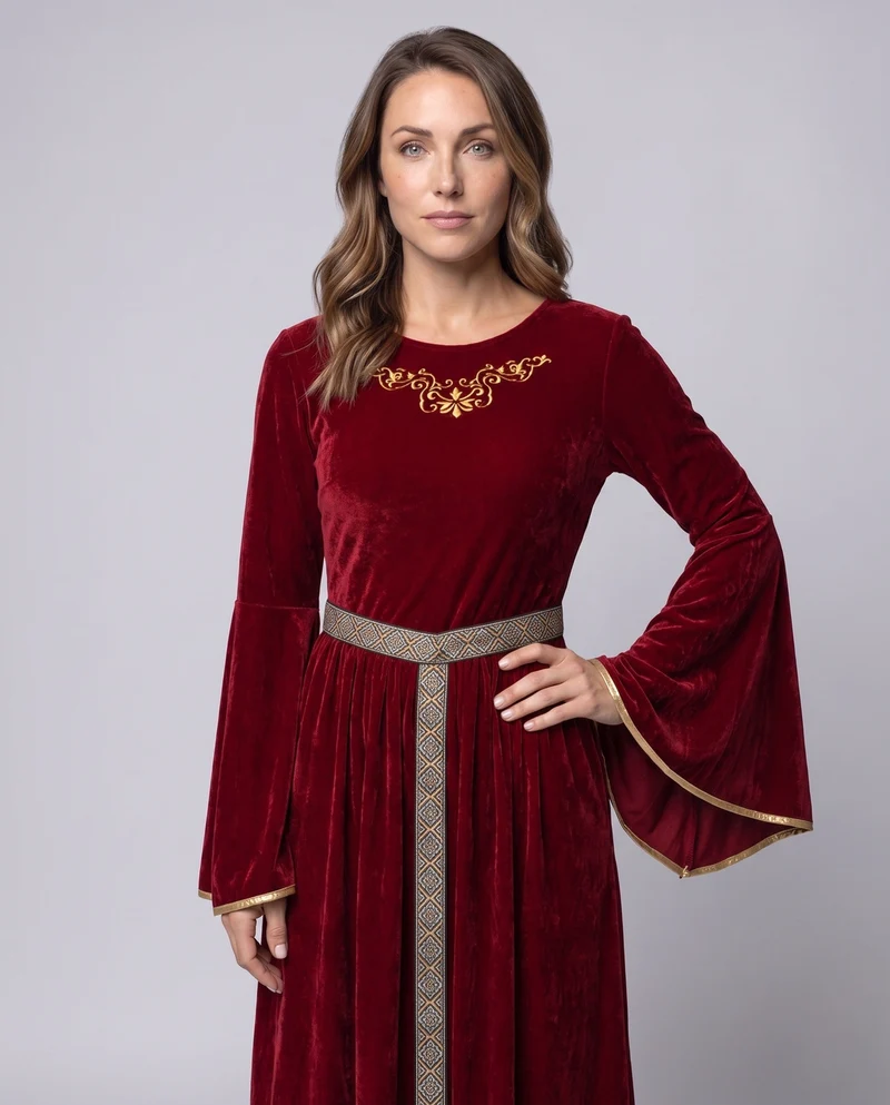 Damen elegantes Maxikleid mit weiten Ärmeln und dekorativem Gürtel Drune
