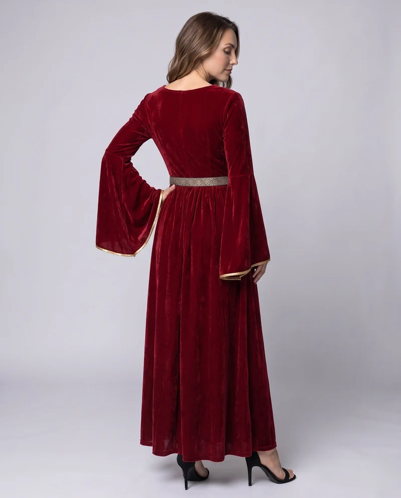 Damen elegantes Maxikleid mit weiten Ärmeln und dekorativem Gürtel Drune