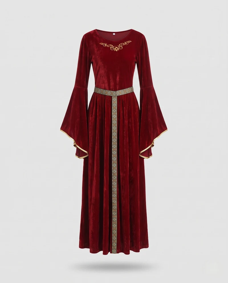 Damen elegantes Maxikleid mit weiten Ärmeln und dekorativem Gürtel Drune