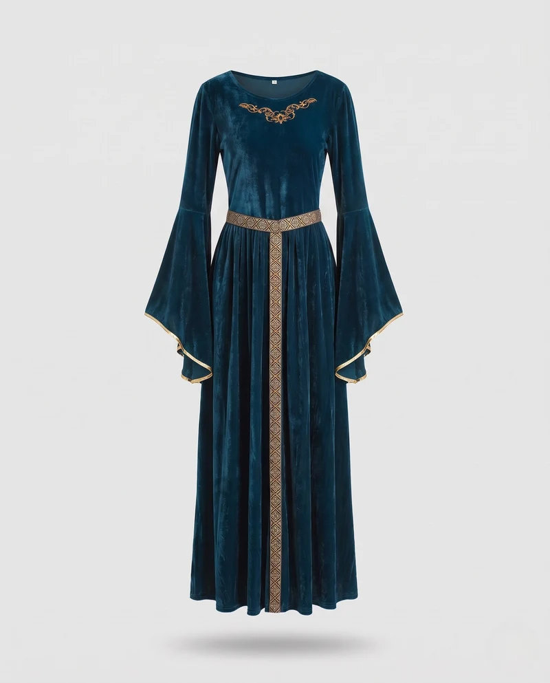 Damen elegantes Maxikleid mit weiten Ärmeln und dekorativem Gürtel Drune