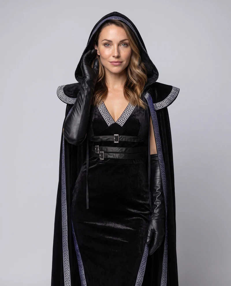 Damen Elegantes Samtkleid mit Kapuze und Rüschendetails Drune