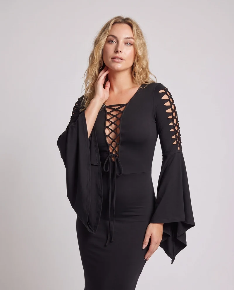 Damen Elegantes Vampir-Kleid mit weitem Rock und dramatischen Ärmeln Drune