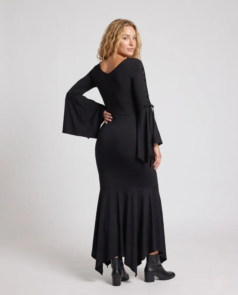 Damen Elegantes Vampir-Kleid mit weitem Rock und dramatischen Ärmeln Drune