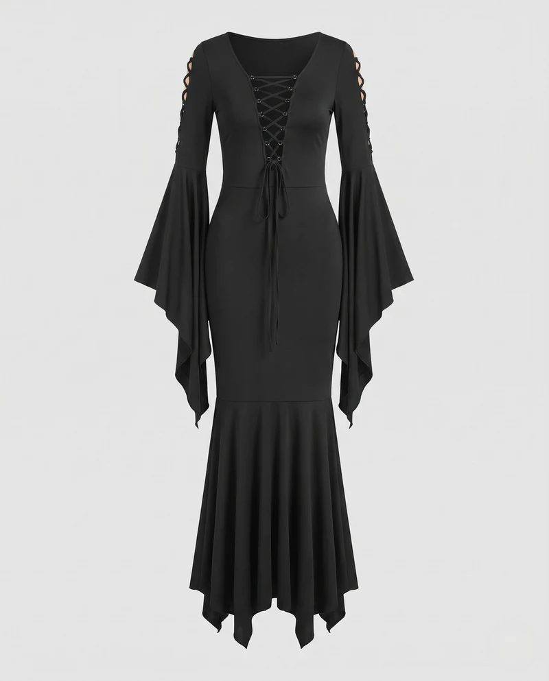 Damen Elegantes Vampir-Kleid mit weitem Rock und dramatischen Ärmeln Drune