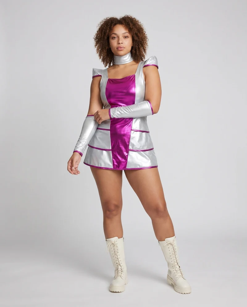Damen Futuristisches Kostüm mit Armstulpen und glänzenden Akzenten Drune