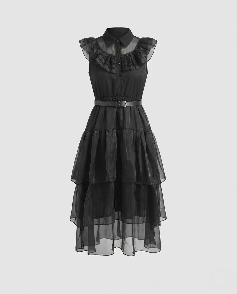 Damen Gartenkleid mit Rüschendetails und tailliertem Gürtel Drune