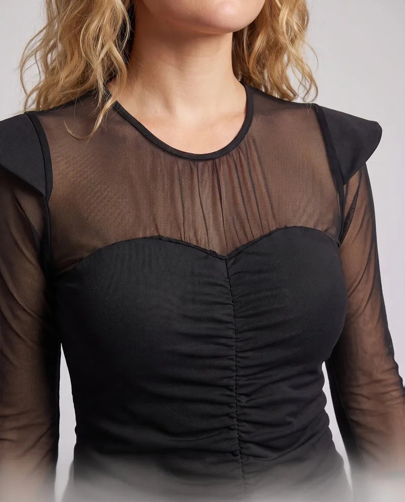 Damen Glamouröses Abendkleid mit Fransen und transparenten Ärmeln Drune
