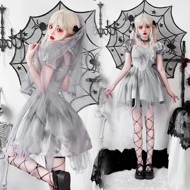 Damen Gothic Brautkleid mit Tüll- und Spitzenverzierungen Drune