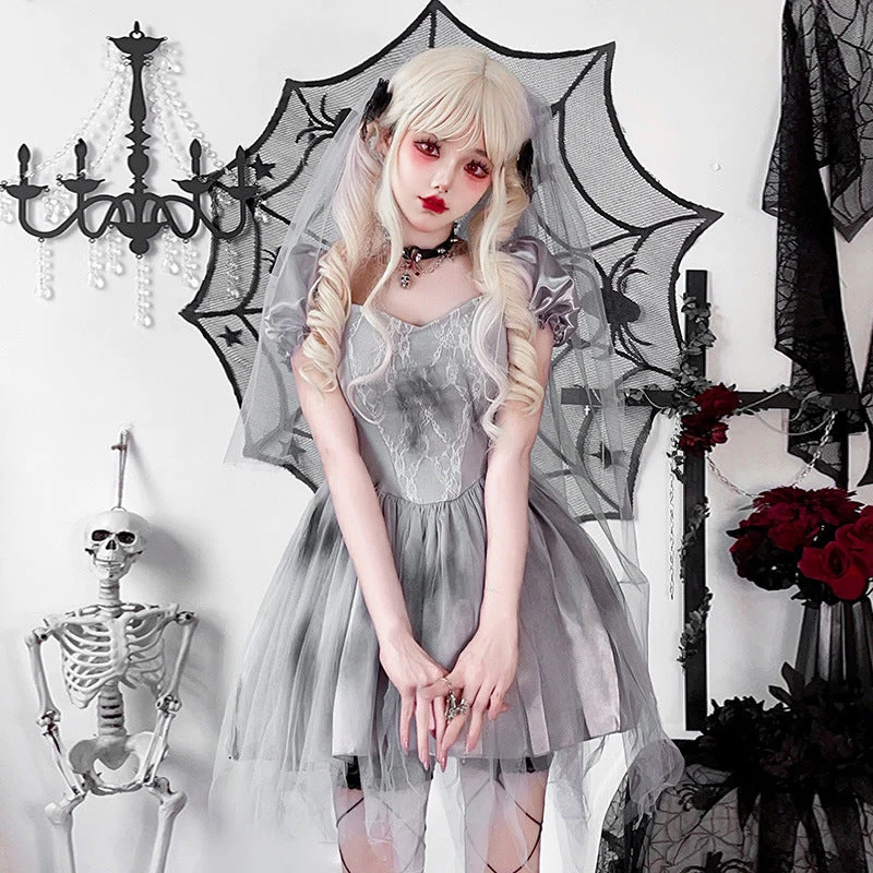 Damen Gothic Brautkleid mit Tüll- und Spitzenverzierungen Drune