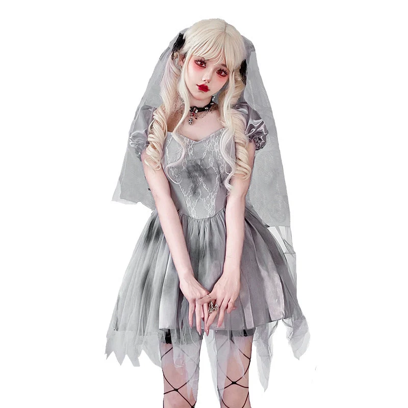 Damen Gothic Brautkleid mit Tüll- und Spitzenverzierungen Drune