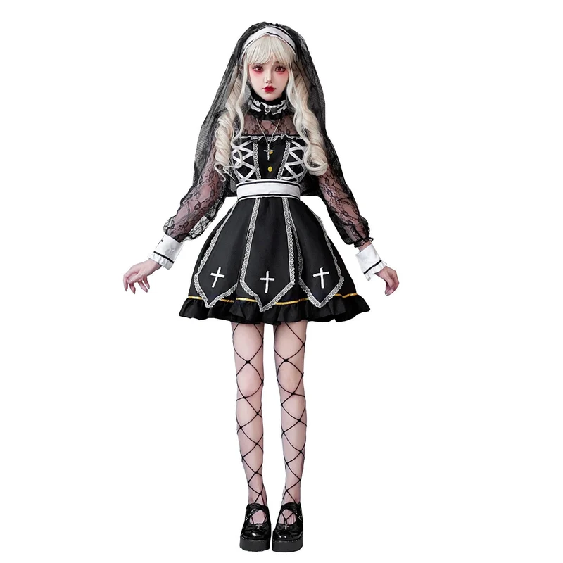 Damen Gothic Brautkostüm mit Spitzenärmeln und aufwendigen Rüschen Drune