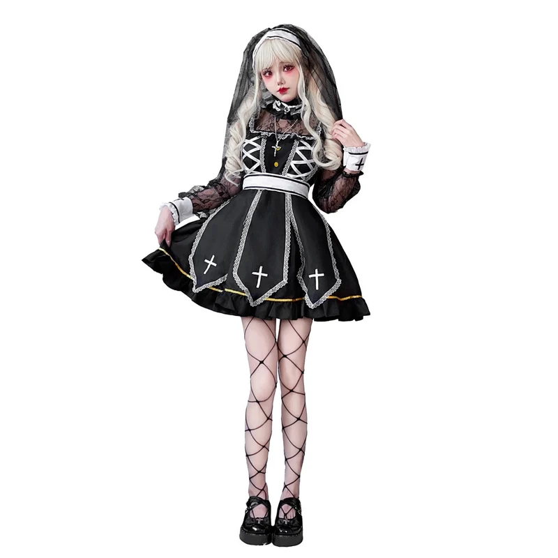 Damen Gothic Brautkostüm mit Spitzenärmeln und aufwendigen Rüschen Drune
