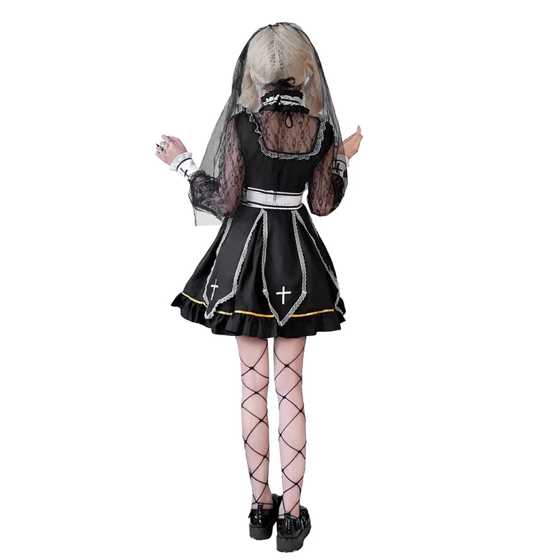 Damen Gothic Brautkostüm mit Spitzenärmeln und aufwendigen Rüschen Drune