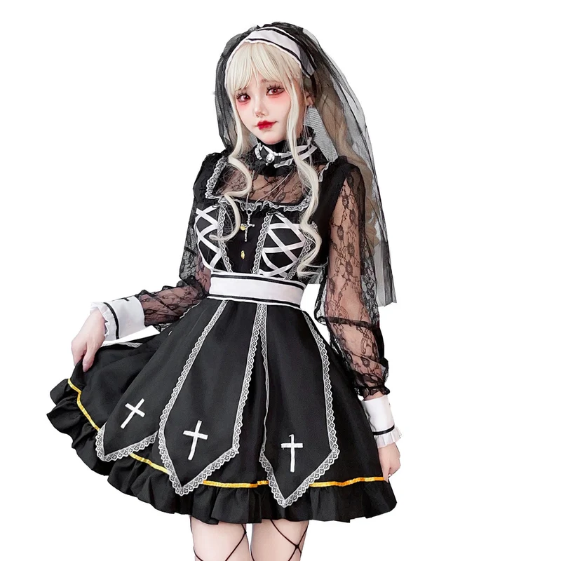Damen Gothic Brautkostüm mit Spitzenärmeln und aufwendigen Rüschen Drune