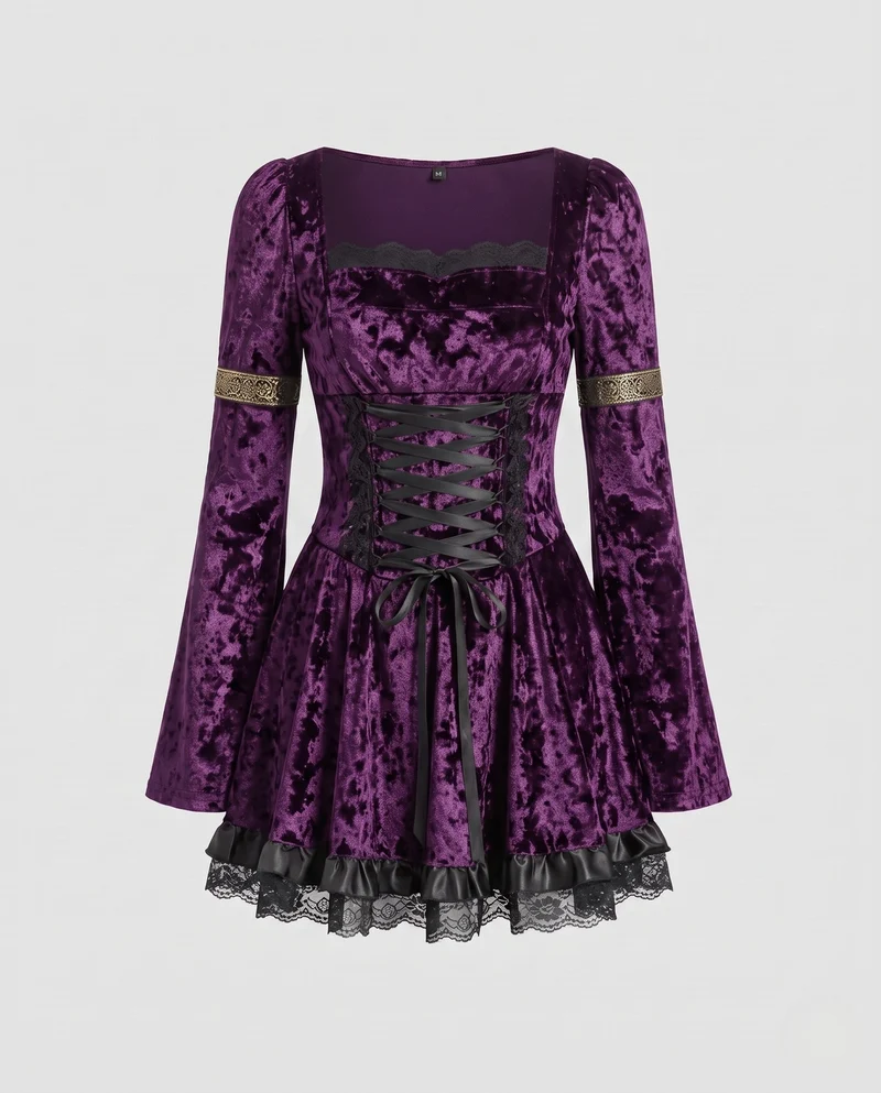 Damen Gothic Elegantes Minikleid mit Rüschendetails Drune