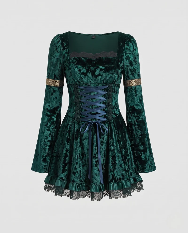 Damen Gothic Elegantes Minikleid mit Rüschendetails Drune