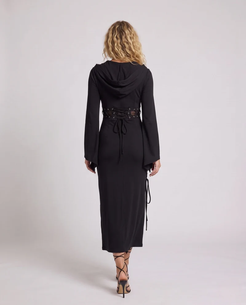 Damen Gothic Kleid mit Kapuze und weit ausgestellten Ärmeln Drune