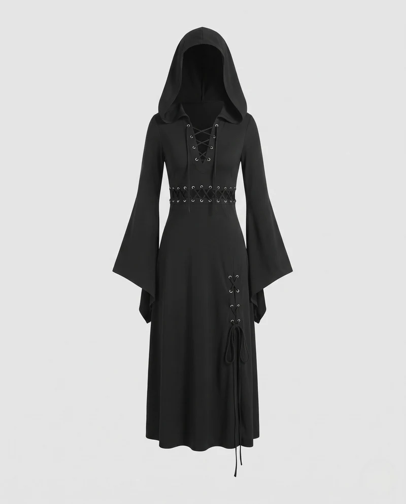 Damen Gothic Kleid mit Kapuze und weit ausgestellten Ärmeln Drune