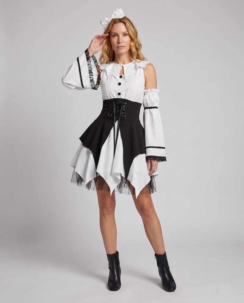 Damen Gothic Kleid mit Rüschendetails und Taillenbindung Drune