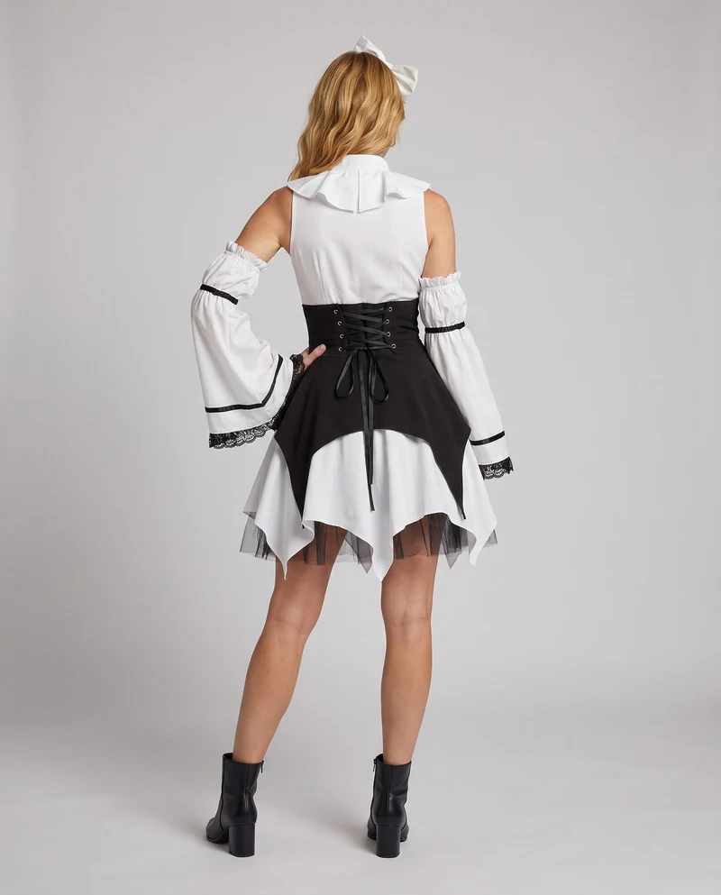 Damen Gothic Kleid mit Rüschendetails und Taillenbindung Drune