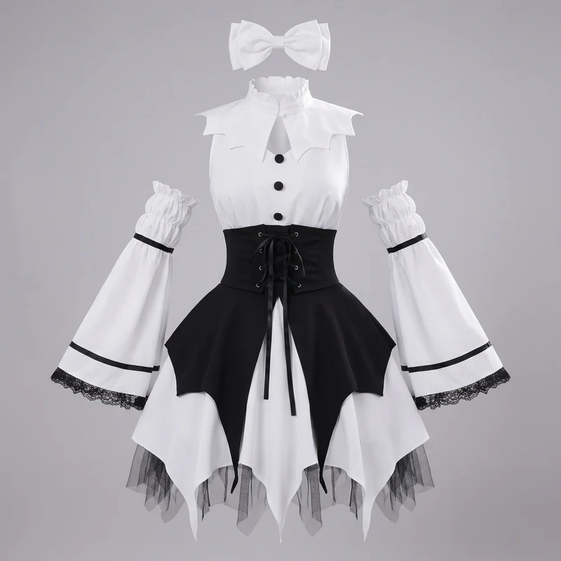 Damen Gothic Kleid mit Rüschendetails und Taillenbindung Drune