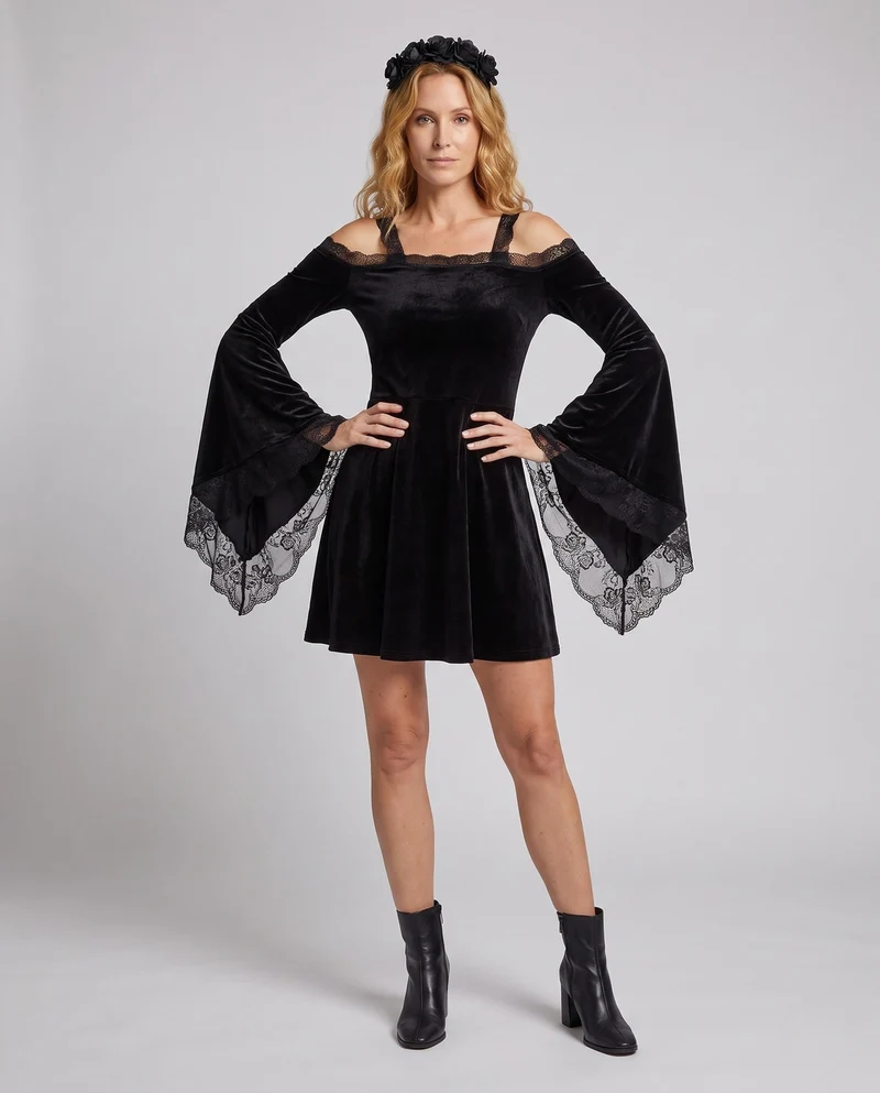 Damen Gothic-Kleid mit Spitzenärmeln und schwingendem Rock Drune