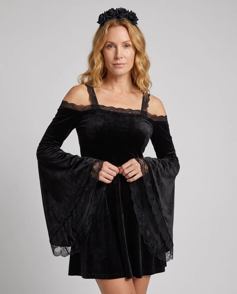 Damen Gothic-Kleid mit Spitzenärmeln und schwingendem Rock Drune