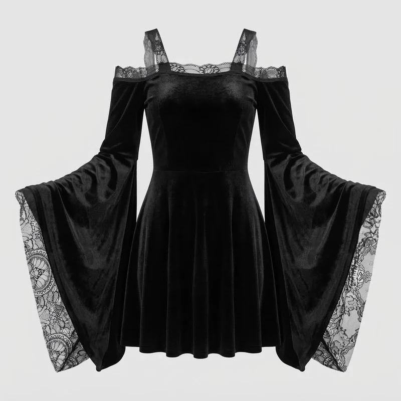 Damen Gothic-Kleid mit Spitzenärmeln und schwingendem Rock Drune