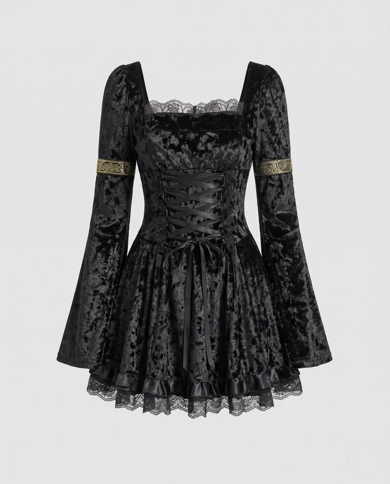 Damen Gothic Kleid mit Spitzenverzierungen und detailreicher Schnürung Drune