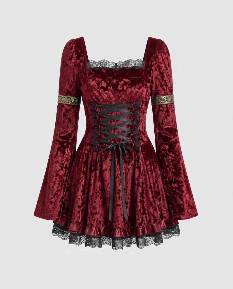 Damen Gothic Kleid mit Spitzenverzierungen und detailreicher Schnürung Drune