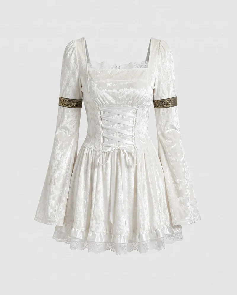 Damen Gothic Kleid mit Spitzenverzierungen und detailreicher Schnürung Drune